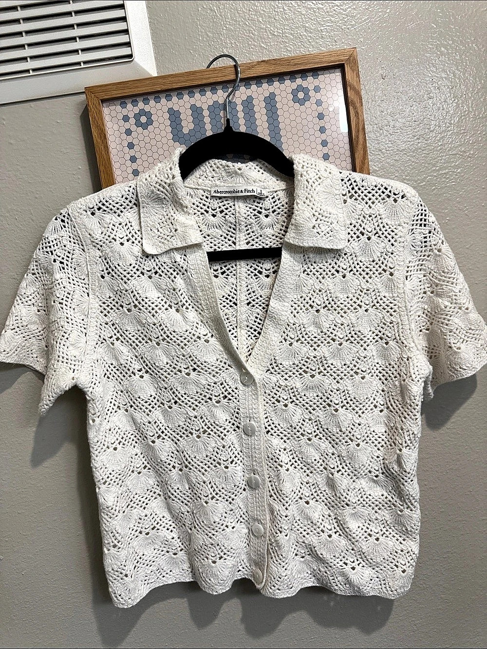 Abercrombie & Fitch Crochet Short Sleeve Polo White Small